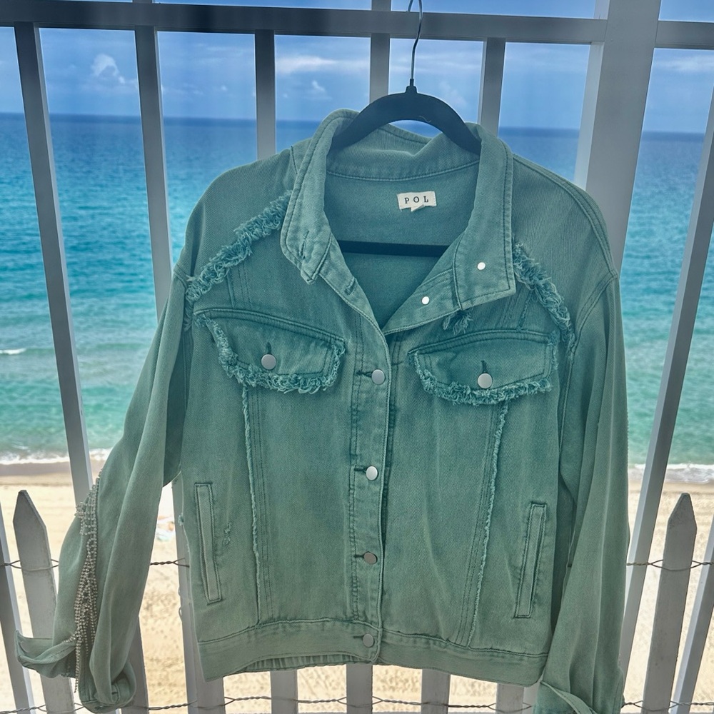 POL fringe turquoise/olive woman's Jean Jacket - Picture 5 of 10